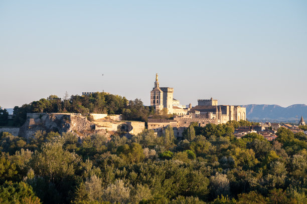 法国南部古城阿维尼翁的老城墙和教皇宫殿全景图片下载