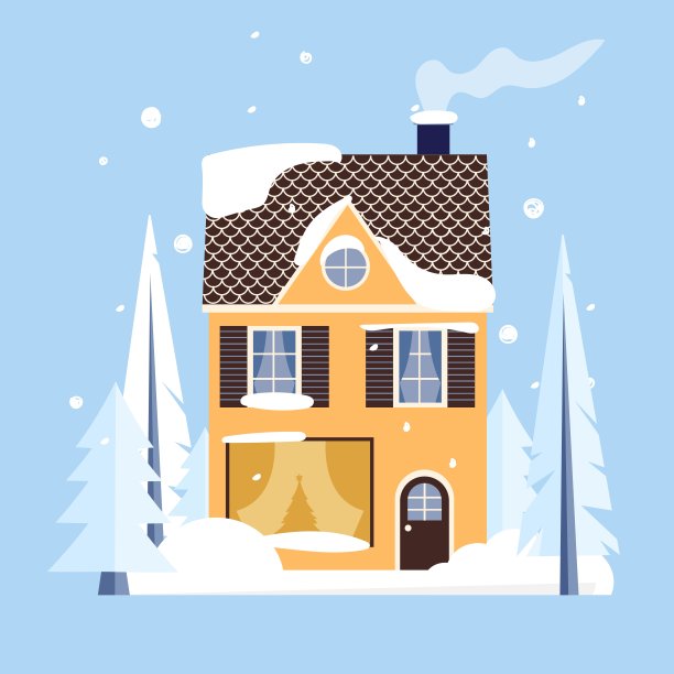 联排别墅，冬天有建筑立面，有雪，有树。矢量插图在平面风格图片下载