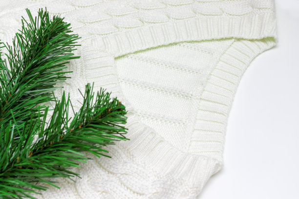 圣诞和新年贺卡的背景用云杉树枝、松树一件白色针织套衫，复制空间图片下载