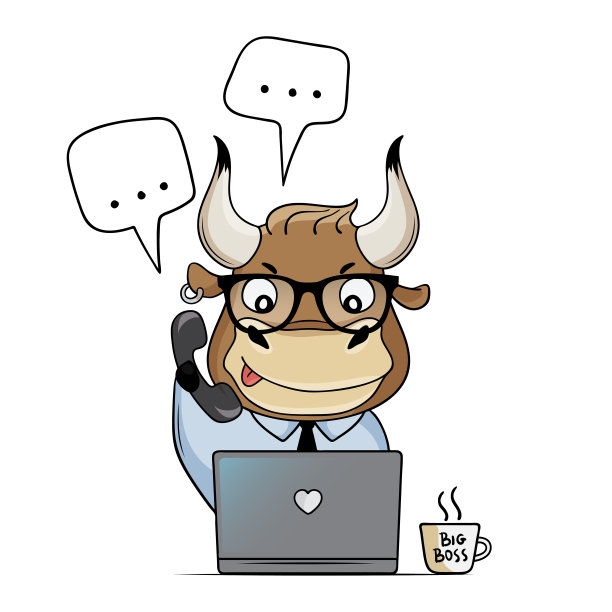 Ð¡ute bull works in the office with a laptop. Cartoon bull answers calls and messages. Symbol of 2021. Vector illustration图片下载