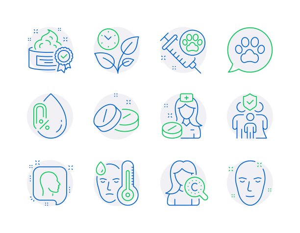 医疗保健的图标集。包括图标为护士，宠物护理，医疗平板标志。向量图片下载