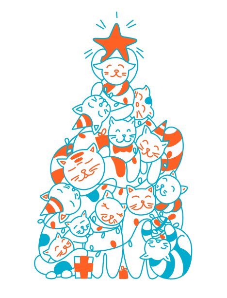 时尚的节日贺卡与可爱的猫在向量。明亮的卡通背景与圣诞树与猫图片下载