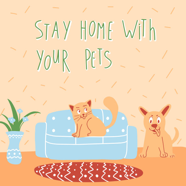 矢量图像的健康概念对抗冠状病毒，你的宠物猫和狗要求你呆在舒适的家与蓝色沙发和花瓶图片下载