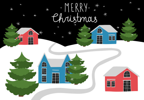 矢量图像圣诞快乐与新年雪花，房子和树在雪地和夜晚的天空在冬天图片下载