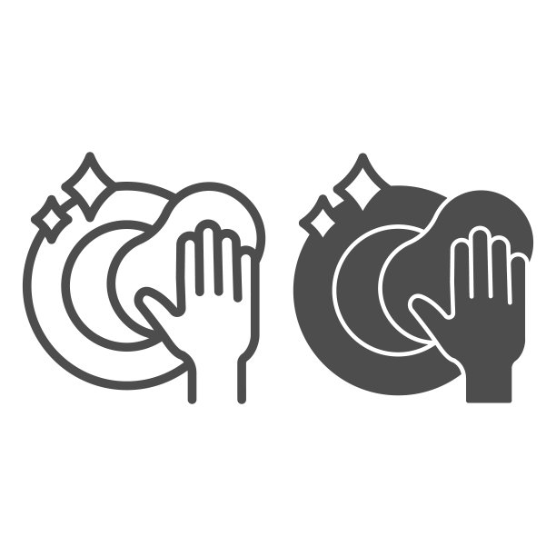 盘子和海绵在手线和固体图标，卫生常规概念，洗碗标志在白色背景，手清洗盘子与海绵图标轮廓风格的移动和网页。矢量图形。图片下载