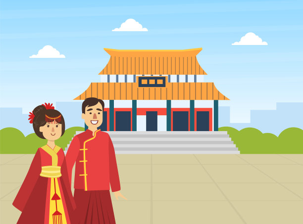 穿着民族服装的亚洲夫妇站在图片下载