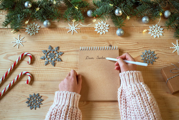 给圣诞老人的信与手握钢笔和圣诞灯和装饰的背景图片下载