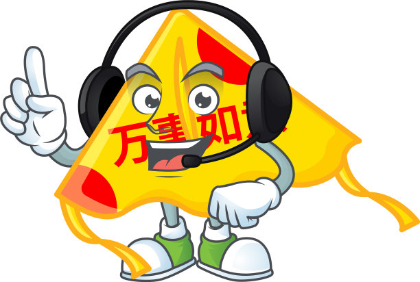 微笑的中国金风筝卡通戴着耳机图片下载