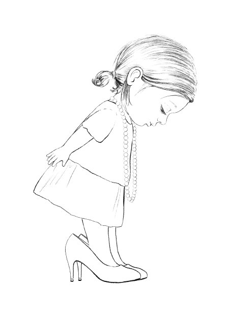 线性图形素描复古卡通小女孩和妈妈的大鞋子图片下载