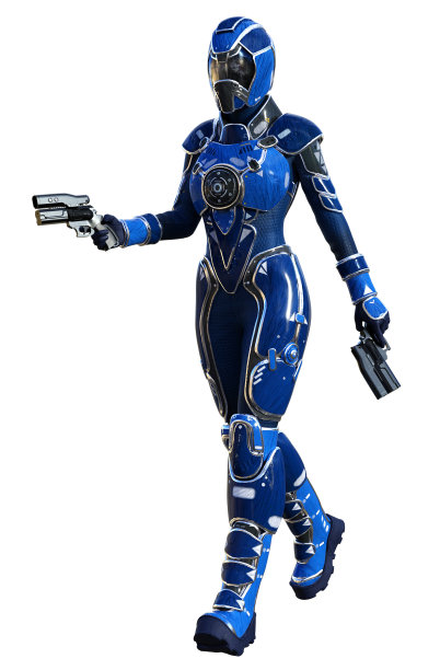 未来女战士与枪，机器人行走，3d插图图片下载