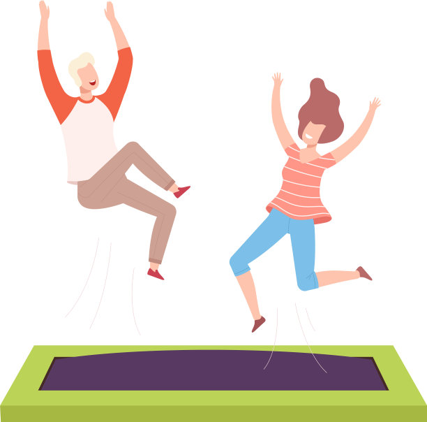 快乐的年轻人和女人在蹦床上跳图片下载