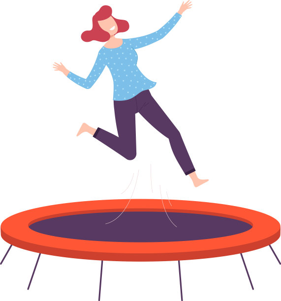 快乐的年轻女子跳在花园蹦床上好玩图片下载