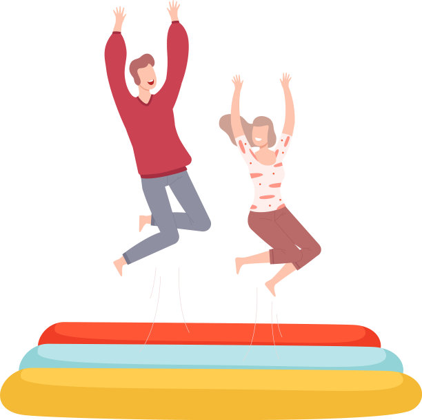 年轻的男人和女人在蹦床上跳跃图片下载