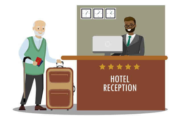 男接待员和白人老人游客图片下载