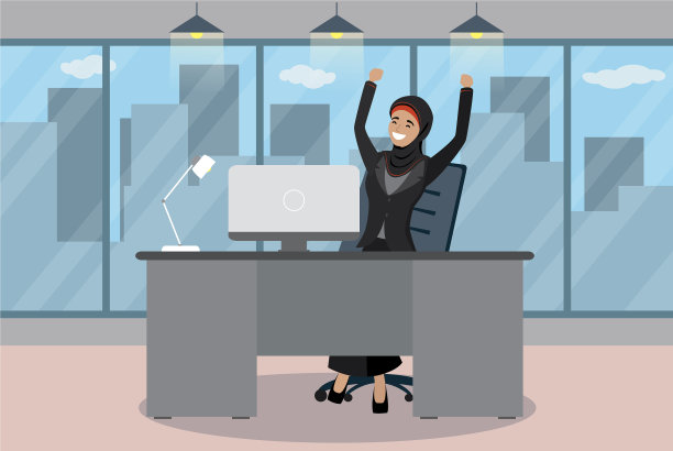 快乐的阿拉伯女商人正坐在桌旁图片下载