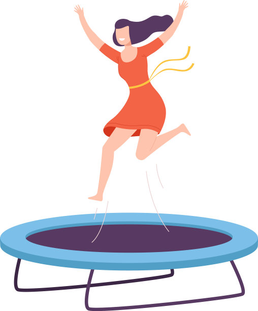 快乐的年轻女子在花园里的蹦床上蹦跳图片下载