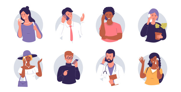 人们用手机聊天。男男女女打电话并录下语音信息。与朋友和家人通电话。电话的说明。孤立在白色的。图片下载