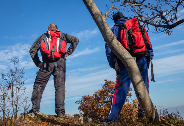 两个徒步旅行者在山顶欣赏风景。图片下载