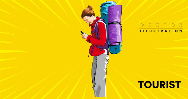 年轻女性旅行者，穿着红色夹克，背着背包图片下载