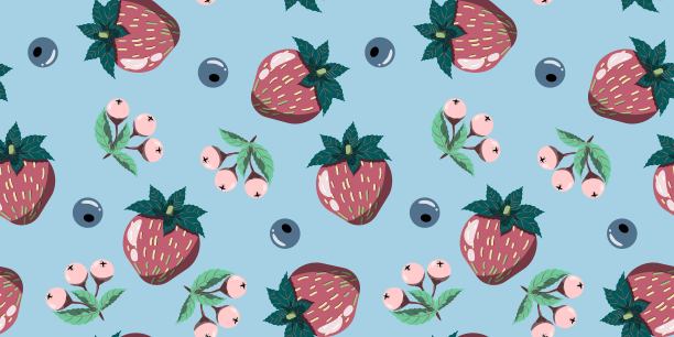 可爱的粉红色草莓和蓝莓在蓝色背景。矢量无缝模式。图片下载