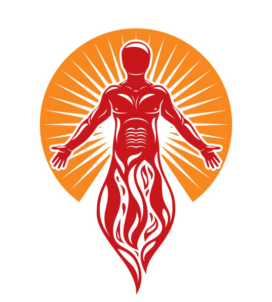 矢量图形说明肌肉人类，自我。太阳神火神拉，神秘的古神隐喻。图片下载