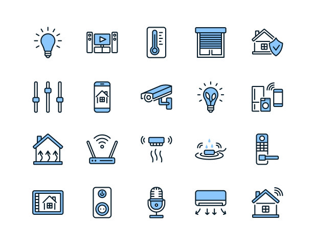 智能家居系统平面线图标设置为蓝色。矢量插图无线家庭控制和远程监控。可编辑的中风图片下载