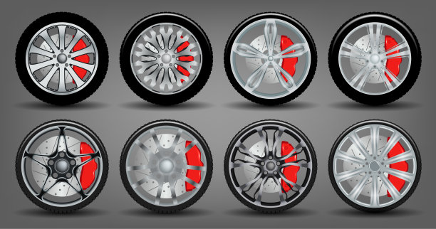 一组车轮与磁盘和橡胶。图片下载