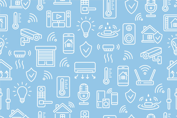 智能家居无缝模式与平线图标白色蓝色背景。无线家庭控制背景的网站和广告手册图片下载