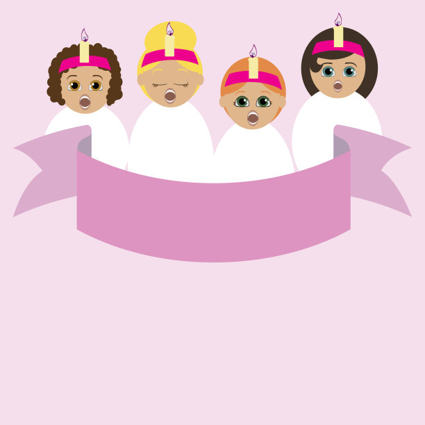 四个端庄的姑娘戴着蜡烛状的花冠，在唱诗班里唱歌。穿白衬衫。以粉红色为背景。当前面有一个美丽的圆形旗帜。平面矢量图。图片下载