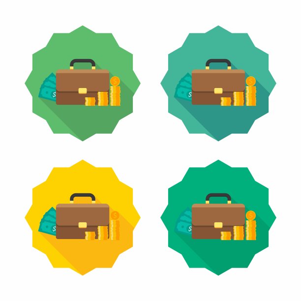 公文包，美元现金图标，金币堆栈图标矢量孤立。图片下载