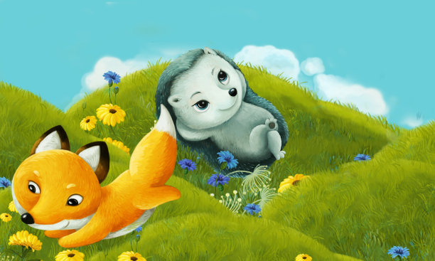 森林动物在草地上玩耍的卡通场景-插图图片下载