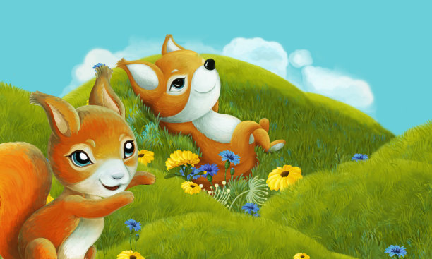 森林动物在草地上玩耍的卡通场景-插图图片下载