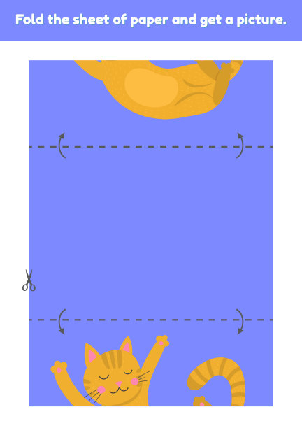 折一张纸，得到一张可爱的卡通有趣的猫的图片。儿童教育游戏。为幼儿园和学前年龄的工作表。发展精细运动技能。图片下载