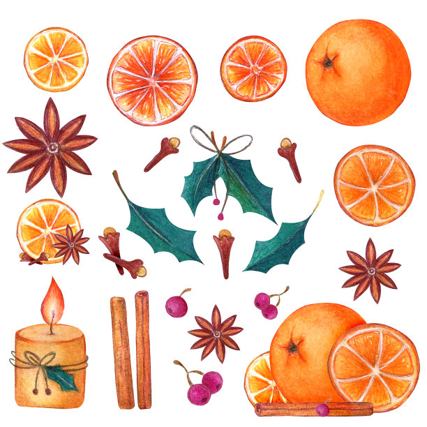 橙色片，香料，槲寄生和蜡烛是舒适的新年装饰。图片下载