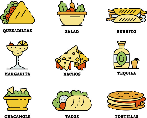 墨西哥食品图标设置线颜色图片下载