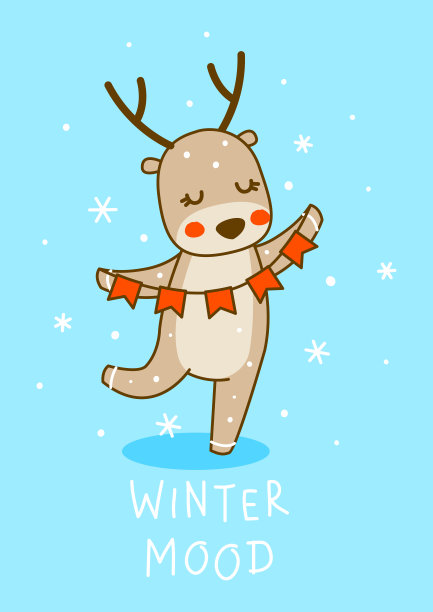 可爱的小鹿与派对的旗帜在蓝色的背景-卡通人物为有趣的圣诞节和新年冬季贺卡和海报设计图片下载