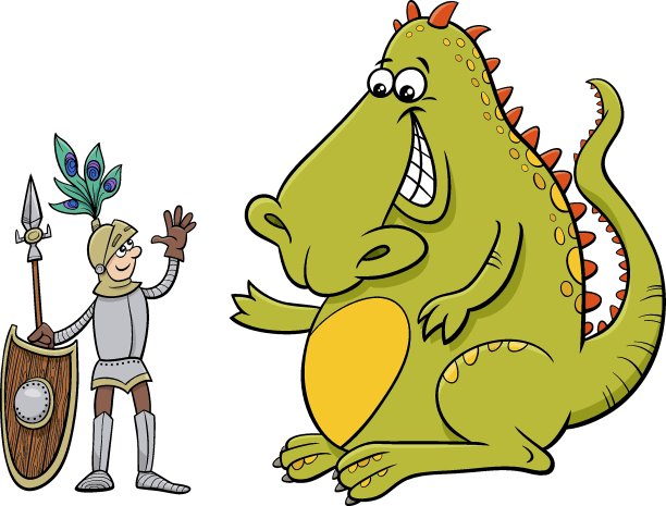 龙和骑士有一个友好的谈话卡通插图图片下载