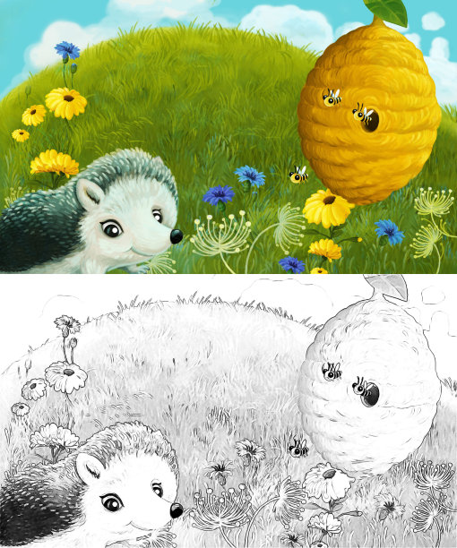 森林动物在草地上玩耍的卡通场景-插图图片下载