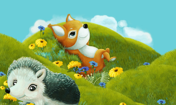 森林动物在草地上玩耍的卡通场景-插图图片下载