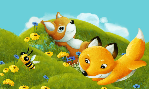 森林动物在草地上玩耍的卡通场景-插图图片下载