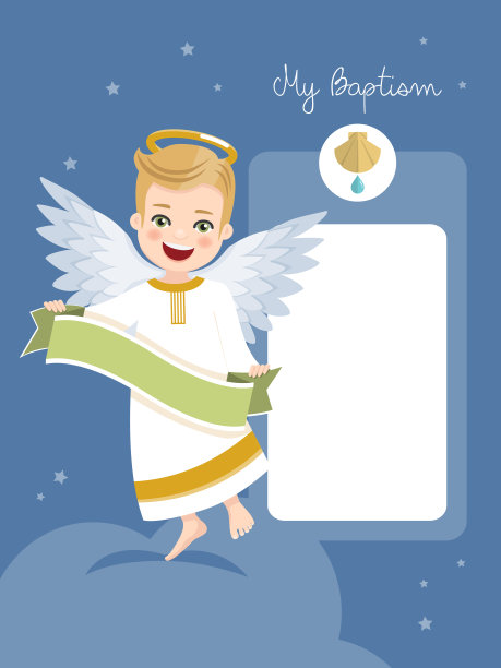 带丝带的天使。洗礼邀请与讯息在蓝天和星星背景。矢量图图片下载
