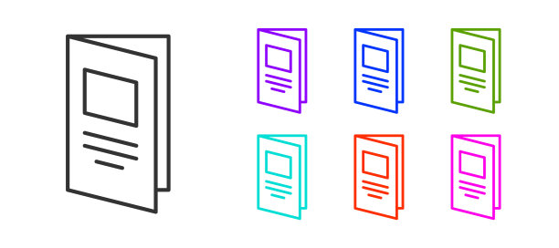 黑线宣传册模板布局图标孤立的白色背景。公司年报，目录，杂志，传单模型。设置图标丰富多彩。向量图片下载