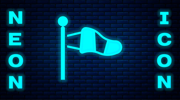 发光的氖气锥气象风向标志风向标孤立在砖墙背景上。风向标指示风向和风力。向量图片下载