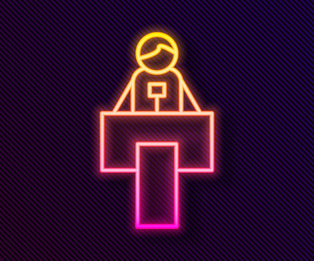 发光的霓虹灯线舞台站或辩论讲台上的图标孤立在黑色背景。会议讲坛。向量图片下载