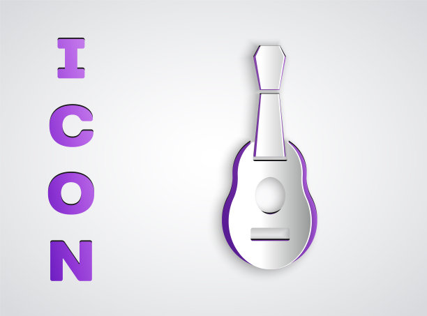 剪纸吉他图标孤立在灰色背景。木吉他。弦的乐器。纸艺术风格。向量图片下载