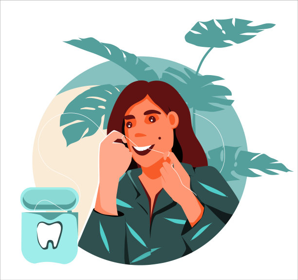 女孩用牙线刷牙。过程的说明。牙科指令。图片下载