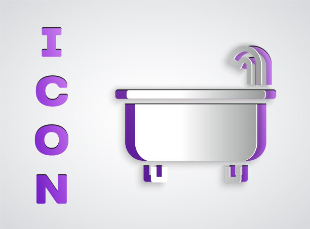 剪纸浴缸图标孤立在灰色背景。纸艺术风格。向量图片下载
