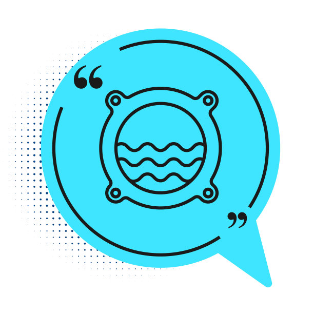 黑色线船舷窗与铆钉和海景外的图标孤立在白色背景。蓝色语音气泡符号。向量图片下载