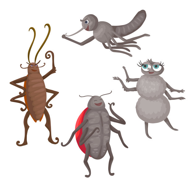蟑螂，蚊子和瓢虫。卡通动物。向量孤立的插图。图片下载