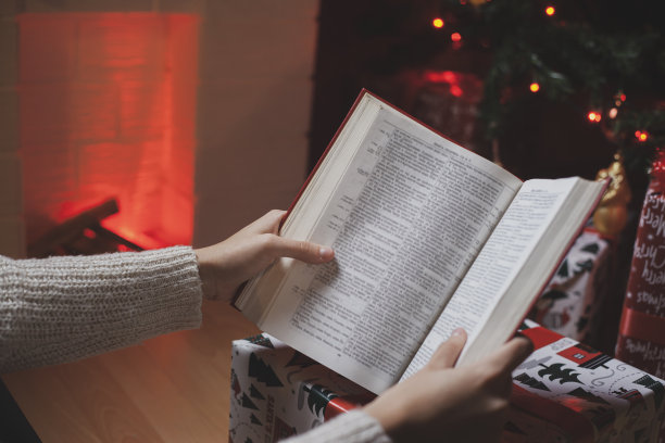 年轻女子在圣诞树下看书，在壁炉旁暖腿图片下载